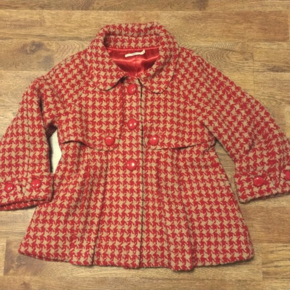 M Rare Anthropologie Red and Tan Houndstooth Coat